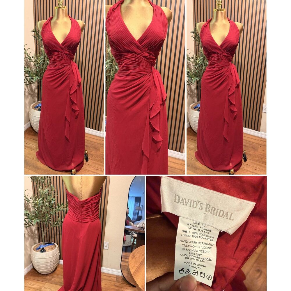 David’s Bridal Red Halter Ruched Formal Maxi Dress Size 12